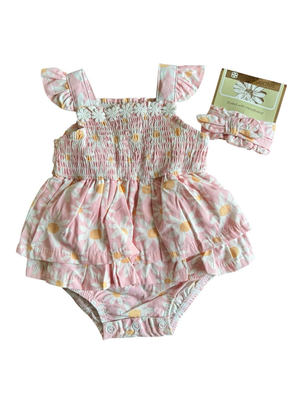NWOT Daisy Fuentes Baby Girl Daisy Romper Bubble 6-9M Matching Headband Set